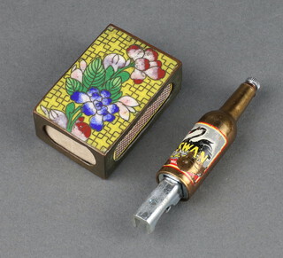 A yellow and floral patterned cloisonne enamelled match box cover 2cm x 6cm x 4cm together with a Swan Crown Cork bottle opener 