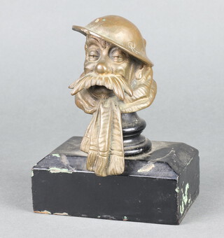 Bruce Bairnsfather "Old Bill", a bronze car mascot in the form of Old Bill, raised on an ebonised stand 9cm x 6cm 