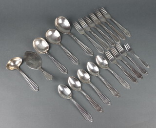 A quantity of white metal cutlery comprising 1 cake fork, 3 dessert forks, 6 dinner forks, 6 dessert spoons, 3 serving spoons, a ladle and a cake slice 
