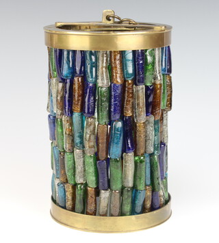 A Hebrum 1950's cylindrical gilt metal and coloured glass light shade 25cm h x 16.5cm 