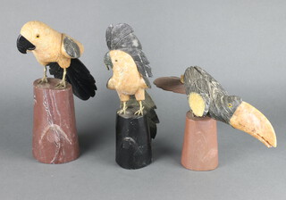 Three Brazilian carved hardstone figures of birds 30cm x 15cm x 20cm, 20cm x 9cm x 34cm and 31cm x 12cm x 9cm 