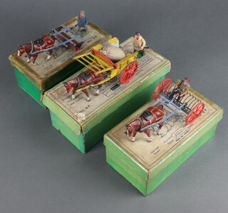 Three W Britains model Home Farm Series F4 Trumbrel, F8 horse rake, F9 horse roller, all boxed and play worn 