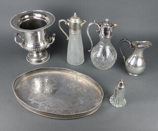 A silver plated 2 handled champagne cooler of classical form 26cm, minor plated wares and minor coins 