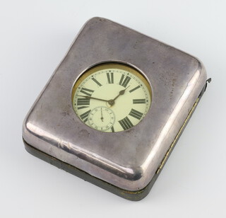 An Edwardian silver Goliath watch case London 1909 11cm x 9.5cm, containing a metal cased goliath pocket watch 