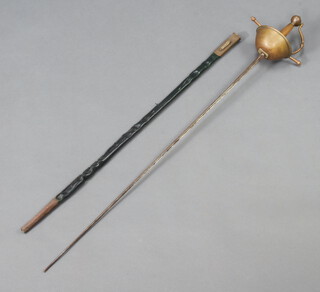 A 19th Century fencing foil with 87cm blade and basket hilt, complete with green leather scabbard