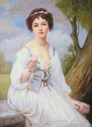 J Russo, Victorian style oil on board, study of a young lady holding a rose 39cm h x 29cm 
