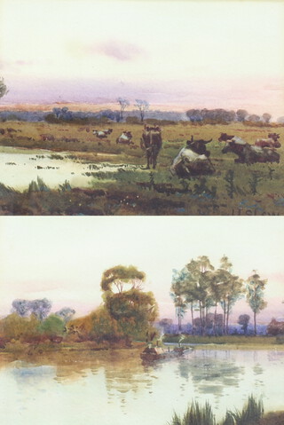 J L Slew, watercolours a pair, barge in a river setting and cattle beside a stream 16cm x 21.5cm 