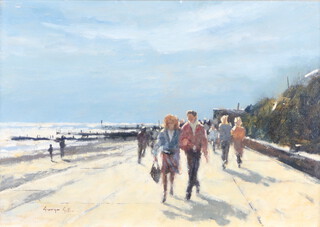 George William Gill (born 1949), oil on board signed, "Morning Stroll at Southwold" with label to verso 38cm x 55cm  