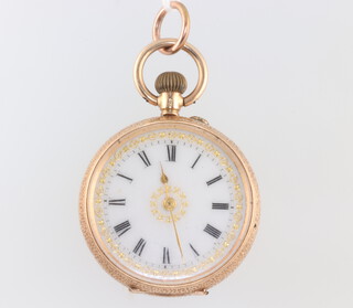 A yellow metal 14k fob watch with mechanical movement and enamelled dial 33mm, gross weight 30.7 grams