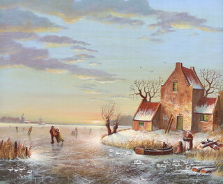 Raymond Campbell, oil on board, Dutch winterscape with ice skaters 24cm x 29cm 