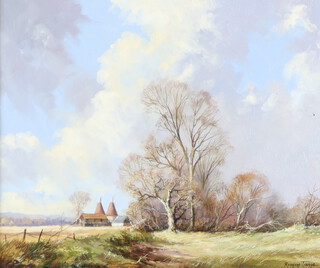 Richard Tearoe, oil on canvas signed, Kent landscape with oast houses 24cm x 29cm 