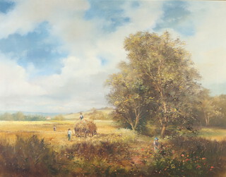 20th Century oil on canvas unsigned, extensive hay making scene 70cm x 90cm 