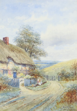 Harold Lawes, watercolour signed and inscribed "Near Gomshall Surrey", figures before a thatched cottage 37cm x 25.5cm 