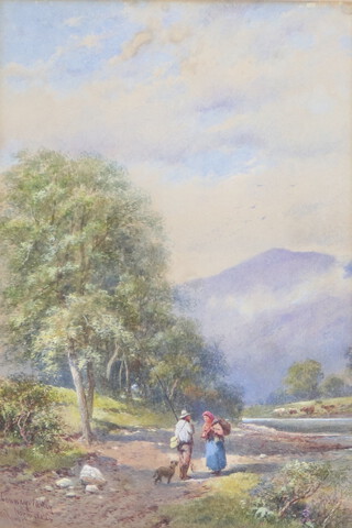 Edwardian watercolour, Welsh landscape with figures in distant mountains, inscribed Conway Valley, North Wales 30cm x 20cm 