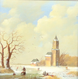 Raymond Campbell, oil on panel signed, Dutch winter scape 15cm x 15cm 