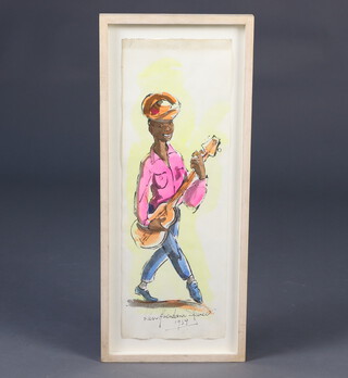 Ken Alrendana Spencer 1959, watercolour, signed, portrait of a musician, 57cm by 19cm