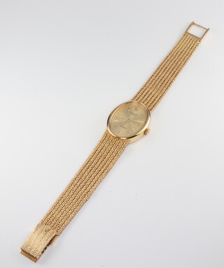 A lady's Rolex Cellini 18ct yellow gold oval wristwatch on a ditto bracelet, the back stamped 4262747, the case measures 28mm x 22mm, the mechanical movement is stamped 1600, the inside of the case is stamped 761/1/91/4304, 45 grams including the glass, with original box and original receipt dated 1978  