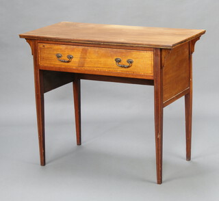 An Edwardian bleached inlaid and crossbanded mahogany side table, fitted a frieze drawer with swan neck drop handles, raised on square tapered supports 76cm h x 91cm w x 46cm d 