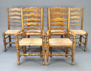 A set of 6 18th Century style elm Lancastrian ladder back dining chairs with woven rush seats comprising 2 carvers 109cm h x 59cm w x 46cm d (seats 37cm x 34cm) and 4 standard chairs 99cm h x 49cm w x 40cm d (seat 34cm x 32cm) 