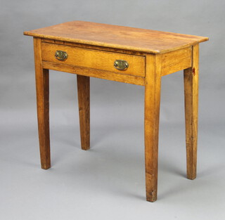 A 19th Century light oak side table fitted a drawer with embossed metal drop handle, raised on square tapered supports 76cm h x 86cm w x 42cm d 