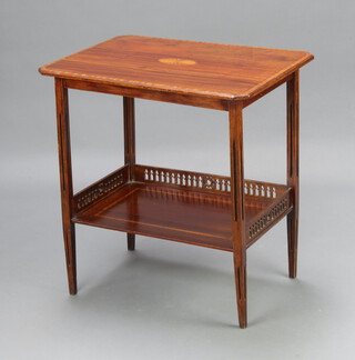 An Edwardian inlaid crossbanded mahogany 2 tier occasional table, raised on pierced tapered supports 72cm h x 68cm w x 50cm d 