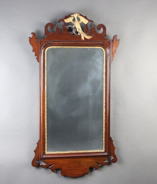 A Chippendale style rectangular plate wall mirror contained in a walnut frame surmounted by a phoenix 91cm x 60cm 
