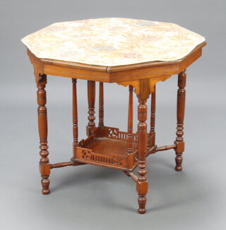 An Edwardian octagonal mahogany 2 tier occasional table, raised on turned supports 67cm h x 73cm w x 74cm d, together with a machine made tapestry under glass to the top  