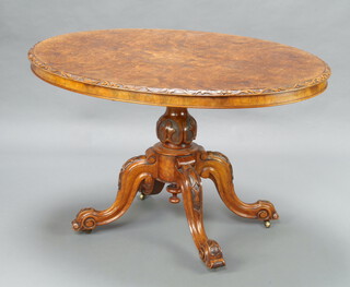 A Victorian quarter veneered figured walnut Loo table, raised on turned column and tripod base 71cm h x 120cm w x 98cm d  