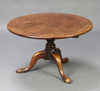 A circular Georgian mahogany tea table raised on a turned column and tripod base (cut down) 48cm h x 81cm diam. 