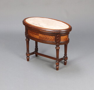 A 19th Century French oval mahogany bidet with upholstered top, raised on turned and fluted supports with H framed stretcher 45cm h x 58cm w x 35cm d 