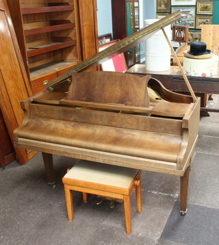 A Collard and Collard boudoir grand piano contained in a walnut case, raised on square tapered supports ending in brass caps and casters 99cm h x 142cm w x 128cm d, serial number 195391 together with an associated beech framed adjustable stool  