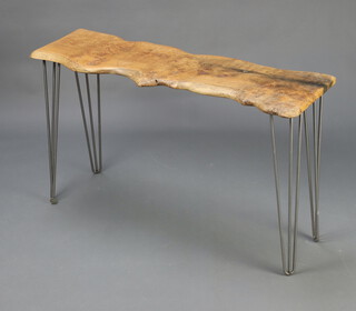 A rectangular elm table raised on hairpin supports 67cm h x 116cm w x 36cm d 