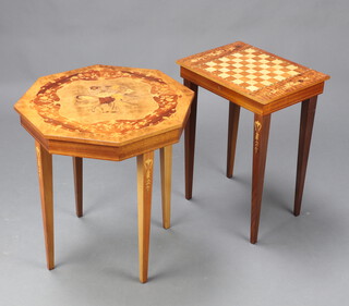 A rectangular Sorrento chessboard with hinged lid and musical box 50cm h x 36cm w x 27cm and a ditto octagonal table 50cm h x 45cm w x 45cm d 