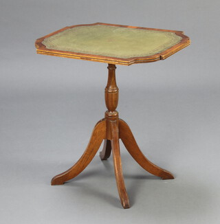 A Georgian style rectangular shaped snap top wine table with green leather surface, raised on pillar and tripod base 52cm h x 50cm w x 38cm d (ring mark) 