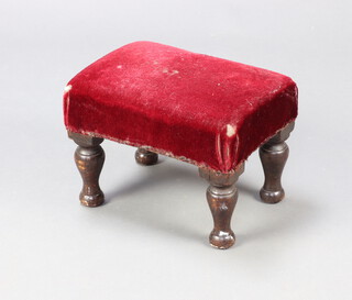 A Victorian rectangular mahogany stool with red velvet upholstery, raised on turned supports 24cm h x 33cm w x 25cm d 