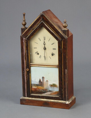 An American Holloway & Company shelf clock with painted dial and Roman numerals, contained in a pine clock, the glass door decorated castle 48cm h x 26cm w x 11cm d  