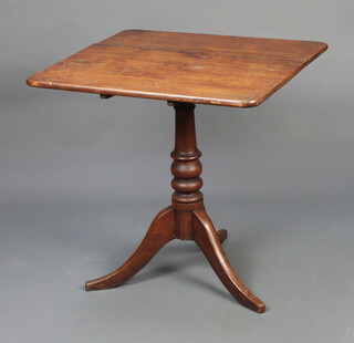 A 19th Century rectangular mahogany snap top tea table, raised on a turned column and tripod base 73cm h x 71cm w x 69cm d (top is sun bleached and ring marked) 