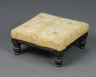 A Victorian square ebonised stool raised on turned supports with upholstered seat 14cm h x 29cm x 28cm 