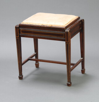 An Edwardian inlaid mahogany box seat piano stool with hinged lid raised on square tapered supports ending in spade feet with H framed stretcher 49cm h x 47cm w x 34cm d 