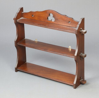 An Edwardian Gothic style mahogany 3 tier hanging wall shelf 54cm h x 58cm w x 16cm d 