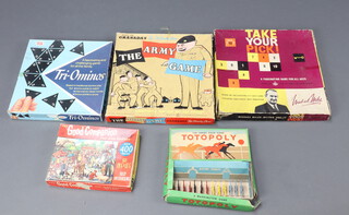 A Waddingtons set of metal Totopoly figures, The Army Game, Take Your Pick and a Tri-Ominos board games and a Good Companions jigsaw puzzle 