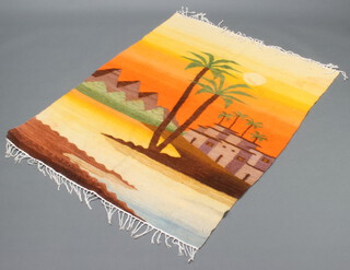 A contemporary Moroccan Kilim rug decorated palm trees 130cm x 97cm together with an orange, white and green ground Chobi Kilim with 2 diamonds to the centre 52cm x 51cm (2)