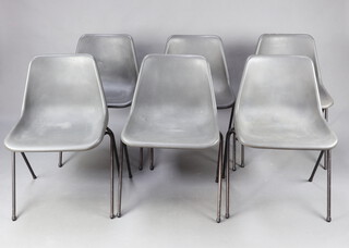 A set of 6 mid-Century tubular metal and blue formed plastic stacking chairs 74cm h x 46cm w x 35cm d (seats 24cm x 25cm) 