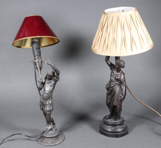 An Art Nouveau style spelter table lamp in the form of a standing lady 39cm h x 13cm and 1 other (f) 41cm x 11cm 