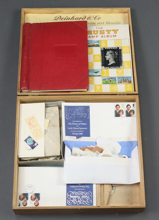 A Popular stamp album of used stamps- Bahamas, Aiden, Nigeria, an all National stamp album of used world stamps, a Trusty ditto and loose stamps, contained in a small wooden box with hinged lid 