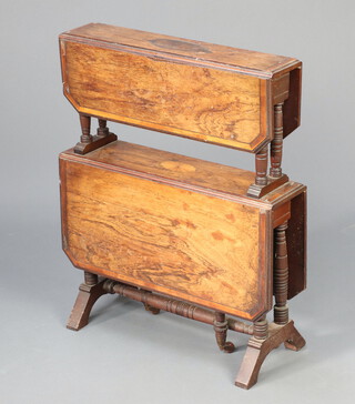 An Edwardian inlaid rosewood 2 tier Sutherland table, raised on turned supports 75cm h x 61cm w x 16cmd (sections of inlay missing, contact marks)