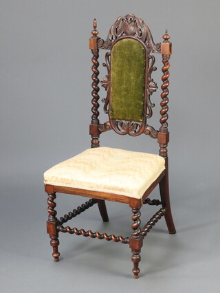 A Victorian rosewood hall chair with spiral turned columns to the sides, having upholstered seats and backs 96cm x 43cm x 37cm (frame loose, finial damaged)