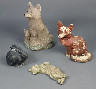 A concrete garden figure of a seated fox and 2 cubs 42cm h x 22cm w x 25cm d, 1 other 34cm x 24cm x 18cm, a resin figure of a seated relic 20cm x 17cm x 12cm and a concrete figure of a cat 8cm x 33cm x 12cm 