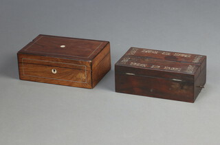 A Victorian rectangular inlaid rosewood and mother of pearl trinket box with hinged lid 9cm x 25cm x 17cm (burn mark to side) together with a Victorian rosewood and inlaid mother of pearl writing box with hinged lid, the interior fitte glass inkwells the base with drawer 9cm h x 24cm w x 15cm d (handle to top missing, some water marks) 