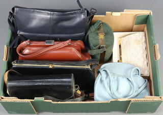 A vintage oval corduroy and gilt metal mounted handbag, a beadwork clutch bag, 4 other handbags and a Yashirmat zoom cine camera  